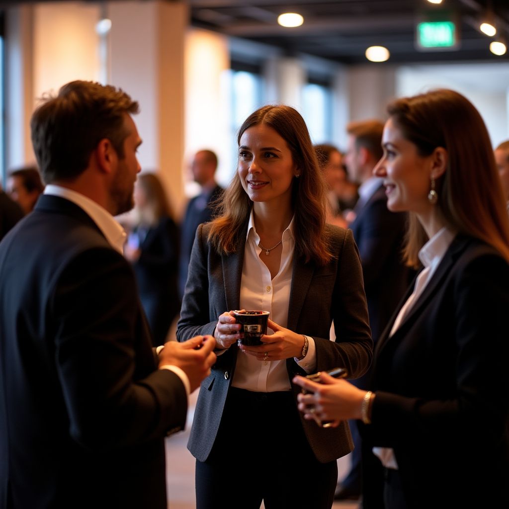 Networking evento empresarial profissionais conversando